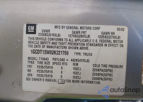 2002 Chevrolet S-10 Ls из США, поврежденный, VIN 1GCDT13W82K221769